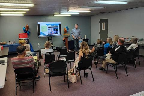 HUB Executive Director Todd Colwell gives a presentation to mentors at the nonprofit’s kickoff mentor meeting. SUBMITTED 