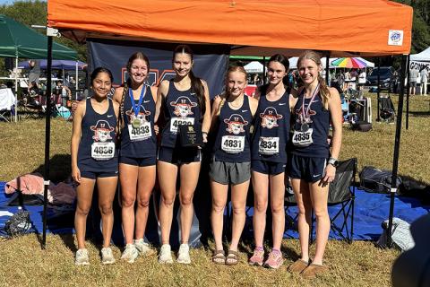 Dulce Rojas, Audrey Hotard, Leah Culpepper, Lillie Freeman, Hilda Manglitz and Tessa Murdock carried the HCHS girls to a 1st place team finish at the Rangers XC Invitational last Saturday. SUBMITTED