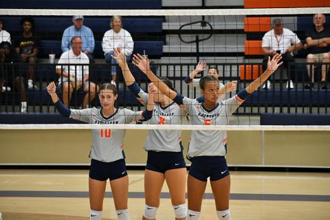 The HCHS volleyball team was back in Mt. Airy this week to defend their home court. Pictured here are Ava Saxon and McKenzie King. LANG STOREY/Staff