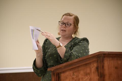 Baldwin Chief Administrative Officer Emily Woodmaster presents millage rate options to Baldwin City Council on Sept. 3. JULIANNE AKERS/Staff