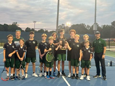 Members of the TFS middle school boys tennis including (from left) Ethan Alderfer, Coach Jennifer Cox, Turner Lander, Maddox English, Isaac Helgeland, Matteus York, Dylan Johnson, Micah Smith, Fenn NeSmith, Jackson Davis, Elijah Pinney, Manager Jase Cox and Coach Anthony Cox celebrate their title run. SUBMITTED