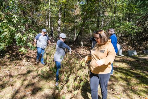 Lynn McCollum, Tiffany Teoman and Marcie Caudell move a massive pine branch that fell during last month’s storms. ZACH TAYLOR/Staff