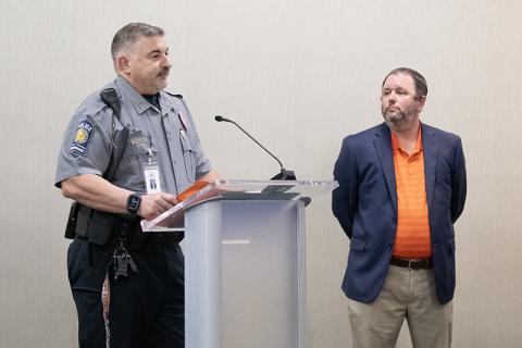 Habersham County Schools Director of School Safety Murray Kogod, left, speaks at the board of education’s work session on Tuesday about the benefit of Centegix, a wearable alert system for educators. Right, Assistant Superintendent Patrick Franklin listens. JULIANNE AKERS/Staff 