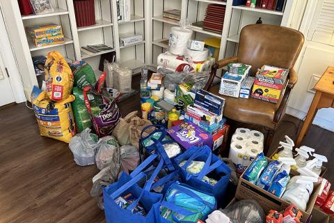 Piles of dog food, trash bags, paper towels and diapers were donated to Grace-Calvary Episcopal Church. Grace Calvary was one of many churches in the area that collected donations to ship to North Carolina for Hurricane Helene relief efforts. SUBMITTED