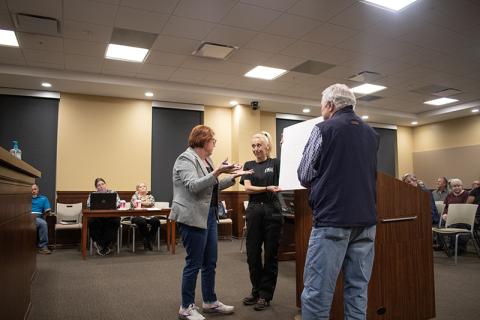 Hazel Cording spoke at Wednesday night’s special called county commission meeting on the animal shelter. JULIANNE AKERS/Staff