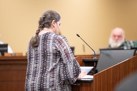 Elections Supervisor Laurel Ellison makes a presentation for a recommendation to consolidate two voter precincts in Habersham County. ZACH TAYLOR/Staff