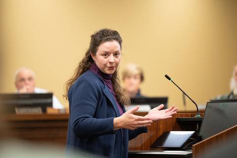 Melissa Harward, a dog owner and client of Marjorie Stephens’ business, South Paws Sports Center, vies for a dog training facility in Habersham. Harward spoke on the professionalism and the education Stephens provides to her clients. ZACH TAYLOR/Staff