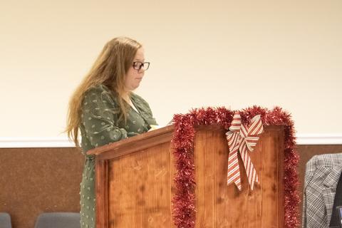Chief Administrative Officer Emily Woodmaster presents multiple agenda items to the council, including the fire feasibility study and ARPA fund allocations for review. HANNAH CAUDELL/Staff