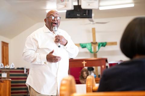 The Rev. Billy Jenkins Jr. preaches to his congregation at Greater Mount Pleasant Baptist Church in Clarkesville. Jenkins has lived a life of service, even taking over the congregation after his father. ZACH TAYLOR/Staff 