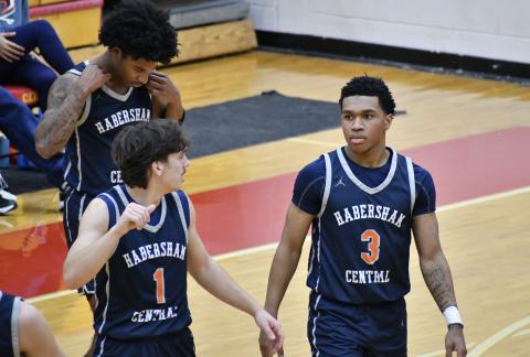 Caden Garrison (left) and Justus Gober have both been key components of a Habersham backcourt that checks-in as one of the best in all of 5A varsity hoops. LANG STOREY/Staff