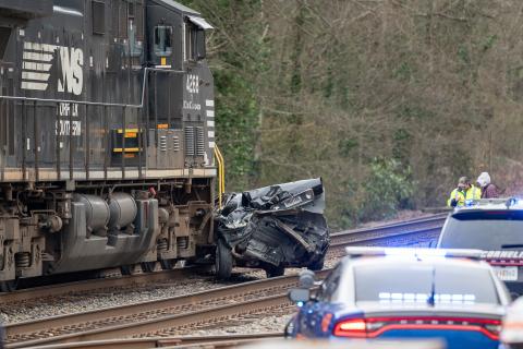 A train struck a Lincoln sedan at the railroad crossing on Main Street in Cornelia. No injuries were reported, with the sole occupant of the vehicle refusing medical care from Habersham’s Med 12. The crushed car is seen approximately 200 feet from the impact location. ZACH TAYLOR/Staff