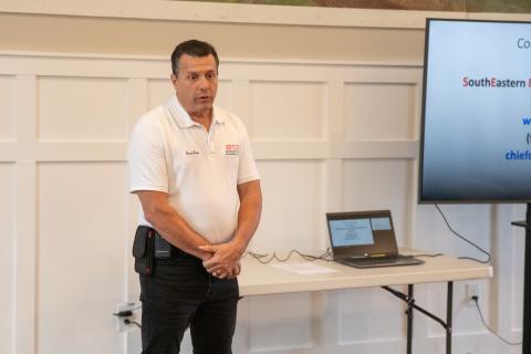 Thad Dixon of SEFCCO presents the details of the county’s approved fire consolidation study and the scope of work that will be conducted. ZACH TAYLOR/Staff