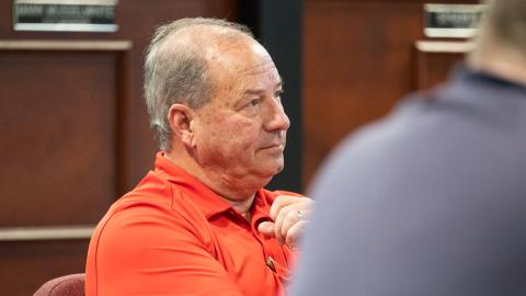 Demorest City Manager Mark Musselwhite listens intently to the Food 4 Kids presentation in Tuesday evening’s work session. Musselwhite received a three percent raise after signing a new contract on Wednesday. ZACH TAYLOR/Staff 