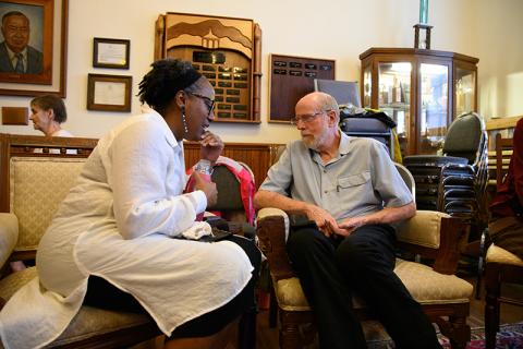 Audrey Davenport (left) speaks with Jim Johnston (right) during the ‘Think and Listen’ seminar at Sautee Nacoochee Center in honor of Juneteenth last year. The ‘Think and Listen’ session allowed patrons to voice their opinions and discuss matters about race, religion, and other topics with an engaged partner.  ZACH TAYLOR/Staff