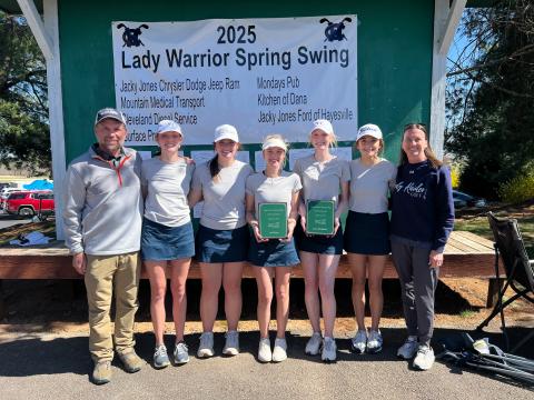 The Lady Raiders golf team fired a 247 to win the Lady Warrior Spring Swing at Apple Mountain Golf Course last Saturday. Pictured are Coach Shawn Blackburn, Charlotte Smith, Macey Harrison, Maddie LaPrade, Addie Maney, Kadyn Green and Assistant Coach Joni Blackburn. SUBMITTED