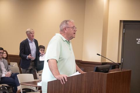 Roger Greene is the sole citizen commentator for the public hearing concerning the financing for the animal shelter during Monday night’s county commission meeting. Greene expressed concern about tax allocation toward the project, but commissioners assured him that property taxes would not be used in the financing of the project. SPLOST monies will be allocated toward funding the project instead. HANNAH CAUDELL/Staff 
