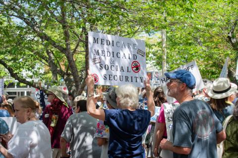 Protestors from all across District 9 gathered in Gainesville Square on Saturday to protest the Trump administration’s slew of executive orders that could target public institutions and services for Americans. Many elderly folks attended the protest, voicing concerns for the future of Medicare, Medicaid, Social Security, and veterans’ benefits. HANNAH CAUDELL/Staff