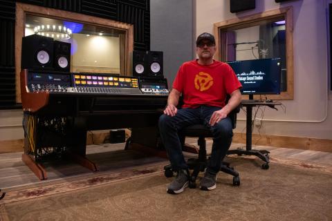 Stephen Wareham, owner of Vintage Sound Studios in Clarkesville, sits in the main studio of the brand new facility in front of the equipment he hopes to use to produce musical magic for new clients. HANNAH CAUDELL/Staff