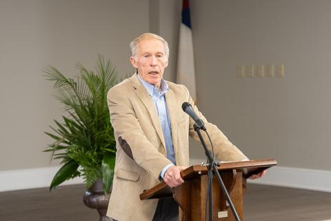 Guest speaker Bob Ingram, a 40-year law enforcement officer, Marine, and professor, speaks at the April Northeast Georgia Brotherhood of Veterans and Patriots breakfast on Saturday. ZACH TAYLOR/Staff