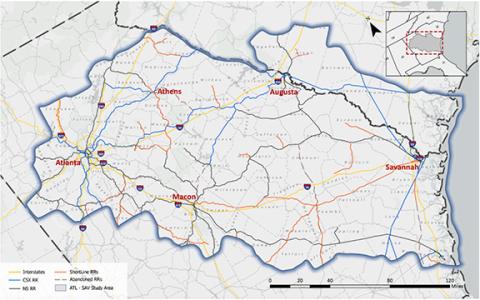 Georgia DOT's website for the project includes a map showing the Project Study Area, includes the cities of Atlanta, Athens, Statesboro, Milledgeville, Macon, Augusta and Savannah. (GDOT/ atlsavpassrail-gdot.hub.arcgis.com)