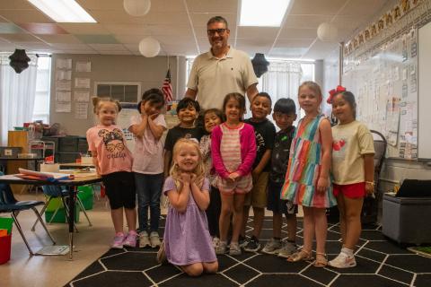 Hazel Grove Elementary School Principal Dr. Tim Goss visits a group of students during the school day, all of whom were excited to see him walk through the door. Goss has spent nine nonconsecutive years at Hazel Grove, returning in 2022 to serve as the school’s principal before retirement. HANNAH CAUDELL/Staff