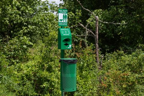 Dog waste bins are scattered around the Soque Greenway Trail, a solution that might prove useful in the downtown Clarkesville area. ZACH TAYLOR/Staff