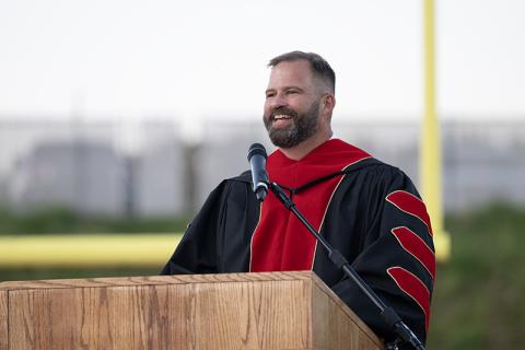 Dr. Brian James speaks on success being defined as wisdom at Habersham Central High School’s graduation ceremony. ZACH TAYLOR/Staff