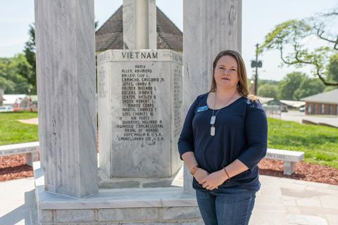 DAV Chapter 15 Commander Amanda Doughty stands next to the KIA/MIA Monument in Clarkesville, a project that she hopes will be one of the larger successes of her tenure serving as DAV Chapter 15 Commander. ZACH TAYLOR/Staff