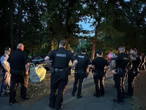 Law enforcement personnel gather immediately after the arrest of Jonathan William Harris, 34, of Sautee, on Thursday night off Toccoa Highway. Habersham County Sheriff’s Office/Submitted