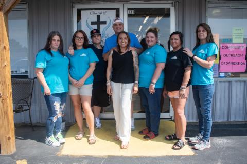 Jessica and Cody Montgomery of Levi’s Ministries stand with the women who are currently participating in the Levi’s House women’s rehabilitation program. Pictured from left are Amanda Phelps, Leah Farmer, KC Corriera, Cody and Jessica Montgomery, Amanda Dunn-Wall, Kristi Moore, and Misty Woods. Not pictured is Daisy Campbell. HANNAH CAUDELL/Staff
