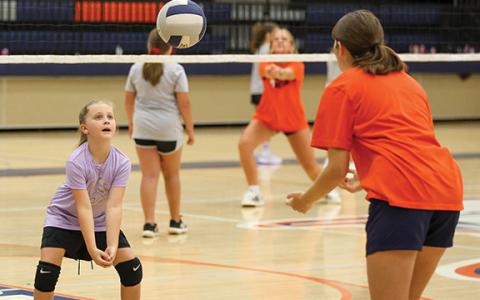 Camper Maleah Laymon practices passing the ball during the volleyball camp at Habersham Central High School on Wednesday, July 9. (Landen Todd/Staff)