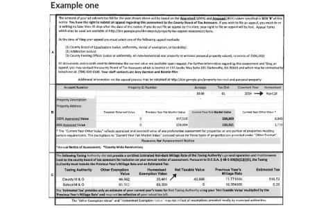 Property owners are asked to focus on the “Net Taxable Value” column on their property tax assessment notice. Those with a homestead exemption will see it marked in the top right corner as in example 1, and those who live within city limits will see a third taxing authority, as in example 2.