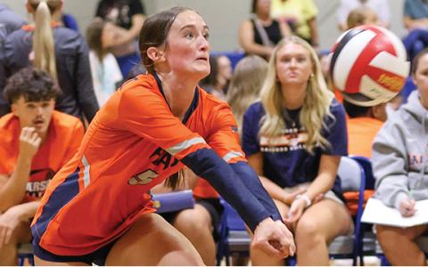 Habersham Central sophomore Marissa McCallister (5) hits the ball during a volleyball match at Banks County High School on Tuesday, Aug. 19. (Landen Todd/Staff)