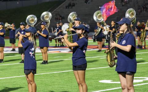 The Band of Blue performs during an early season halftime show. (Landen Todd/Staff)