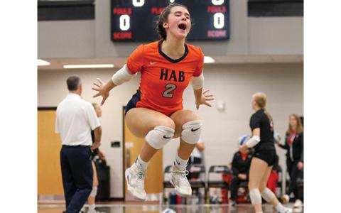 Habersham Central sophomore Sydney Patterson (2) celebrates during a volleyball match between Habersham Central and Loganville at Jackson County High School on Thursday, Oct. 9. (Landen Todd/Staff)