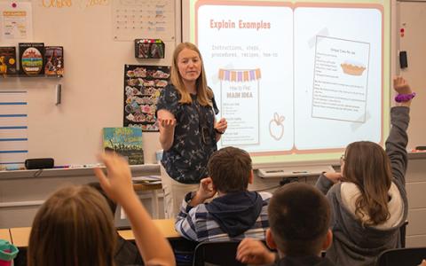 Hazel Grove Fifth Grade Teacher Stephanie Morris teaches her students about different writing genres during a class session on Tuesday morning. Morris is one of many staff members at Hazel Grove that Principal Stefanie Eaton commended on Monday night after Superintendent Patrick Franklin announced Hazel Grove had earned Title I Reward School status. (Hannah Caudell/Staff)