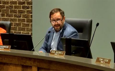 Cornelia Mayor John Borrow speaks to the standing-room-only crowd at the city commission meeting Tuesday night in this screenshot of the city's livestream. (Staff)
