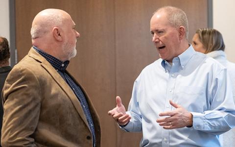 Newly appointed Partnership Habersham Chairman Tommy Thurmond speaks with Tim Ash (left). (Zach Taylor/Staff)