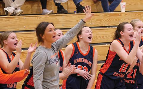 Habersham Central gets excited after senior Kenzie King hits a three pointer during a basketball game between Habersham Central and East Forsyth at East Forsyth High School on Tuesday, Dec. 2. (Landen Todd/Staff)