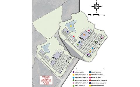 At right, a concept plan for the Duncan Bridge Project shows a senior living facility and medical offices along Duncan Bridge Road, and a grocery store, restaurants, a gas station and retail along Ga. 365. (Kristen Adkinson/Staff)
