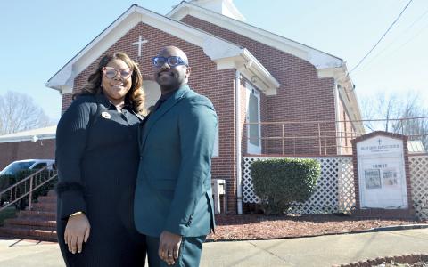 Jalessa and Pastor Sherrod Aiken stand outside Shady Grove Missionary Baptist Church. (Samantha Sinclair/Staff)