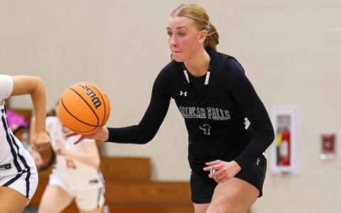 Tallulah Falls junior forward Klara Dvorakova (4) dribbles the ball during a basketball game between Tallulah Falls and Lakeview Academy at Lakeview Academy on Thursday, Jan. 22. (Landen Todd/Staff)