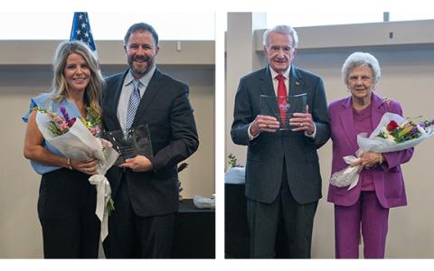 At left, Cornelia Mayor John Borrow poses with his wife, Holly, after being awarded the Distinguished Citizen Award. At right, Larry and Evie Whitfield pose after Larry received the Distinguished Citizen Award. (Zach Taylor/Staff)