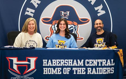 Rhonda LaBarbera, Habersham Central senior Meg LaBarbera and HCHS Girls Soccer Head Coach Jeff LaBarbera pose during the signing ceremony. (Submitted)