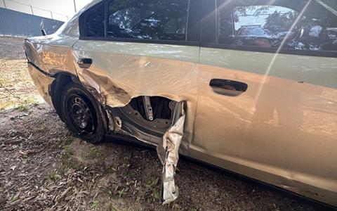 A patrol vehicle damaged in June 2025 suffered disabling damage after a motorist hit the patrol car while it provided lights and a buffer for road workers. Now, any accident that has incurred damage involving a patrol vehicle will go through an accident review board at the Habersham County Sheriff’s Office. (Submitted)