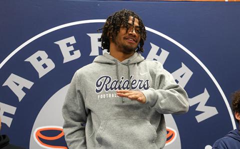 Habersham Central senior running back Donnie Warren gives a speech at his signing ceremony at Habersham Central High School on Wednesday, Feb. 18. (Landen Todd/Staff)