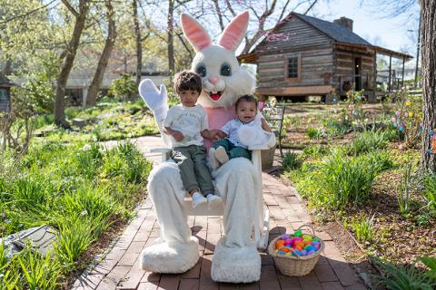 Archer and Ace Watkins pose for a picture with the Easter Bunny at the Mauldin House in Clarkesville. The annual event allows families to enjoy a stress-free environment for photos with the Easter Bunny in one of Clarkesville’s historic and colorful locations, perfect for the celebration. ZACH TAYLOR/Staff