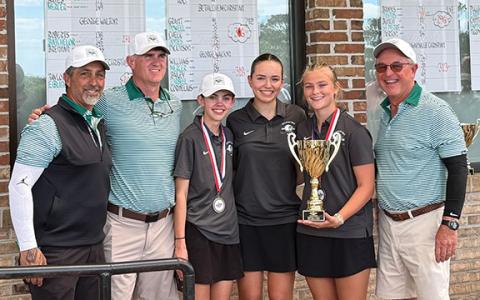 Assistant Coach Brian Velazquez, Assistant Coach Jadie Hatcher, Maeve Hatcher, Alex Rokoska, Handley James and Coach C.J. Stockel pose at the Region Championship at Monroe Golf Club  on Monday, April 13.  (Submitted)