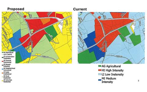 Habersham County Planning Director Mike Beecham showed examples of zoning changes during the Habersham County Board of Commissioners work session Monday night. (Submitted)