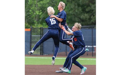 Habersham Central  junior designated hitter Mason Witt (15) celebrates his walk off with Mav Chitwood (5), Micah Huff (23) and junior Caden McCallister (3) during a state playoff game between Habersham Central and Greenbrier at Raider Park on Saturday, April 25. (Landen Todd/Staff)